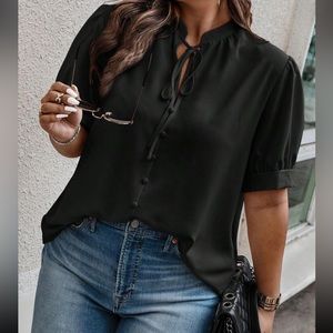 Plus Size Tie Neck Puff Sleeve Blouse